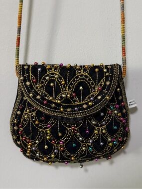 Vintage Beaded Embroidered Crossbody Purse Black Boho Evening Bag Pakistan